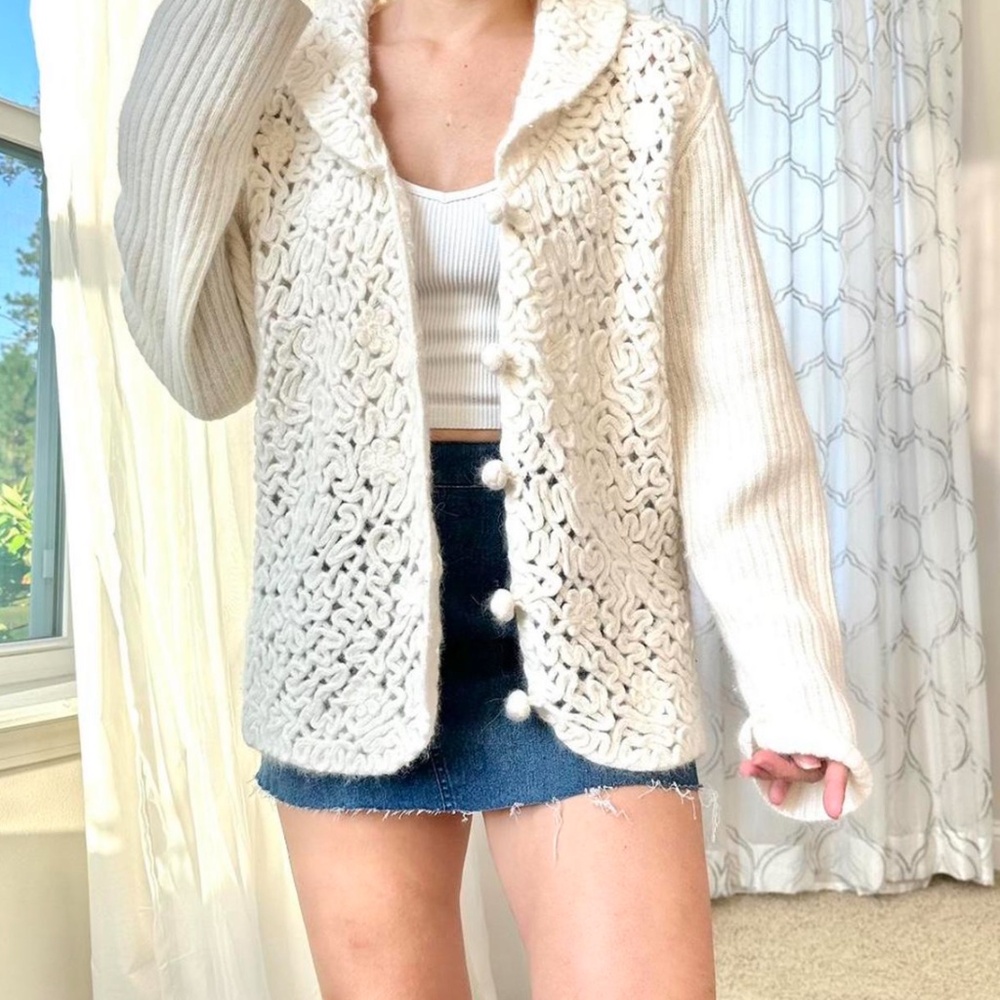 Vtg Crochet Fisherman Coldwater Creek Wool Knit Cardigan Sweater Cottagecore Med - Picture 10 of 12